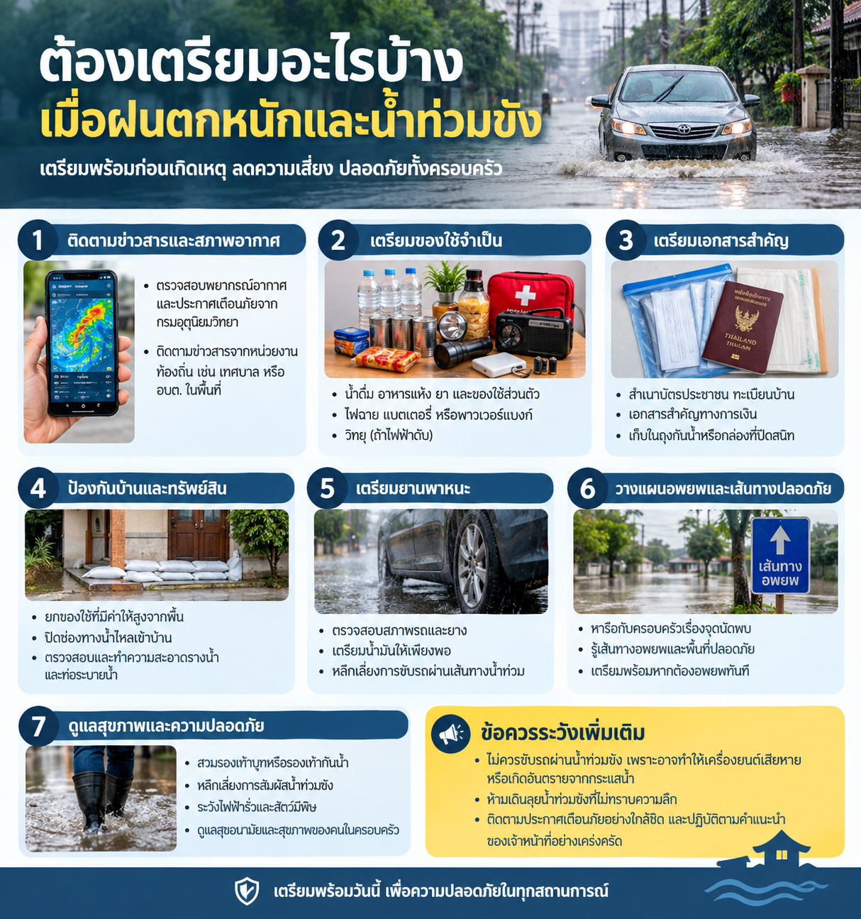 ฝนตกหนักและน้ำท่วมขัง ต้องเตรียมอะไรบ้าง? เช็
